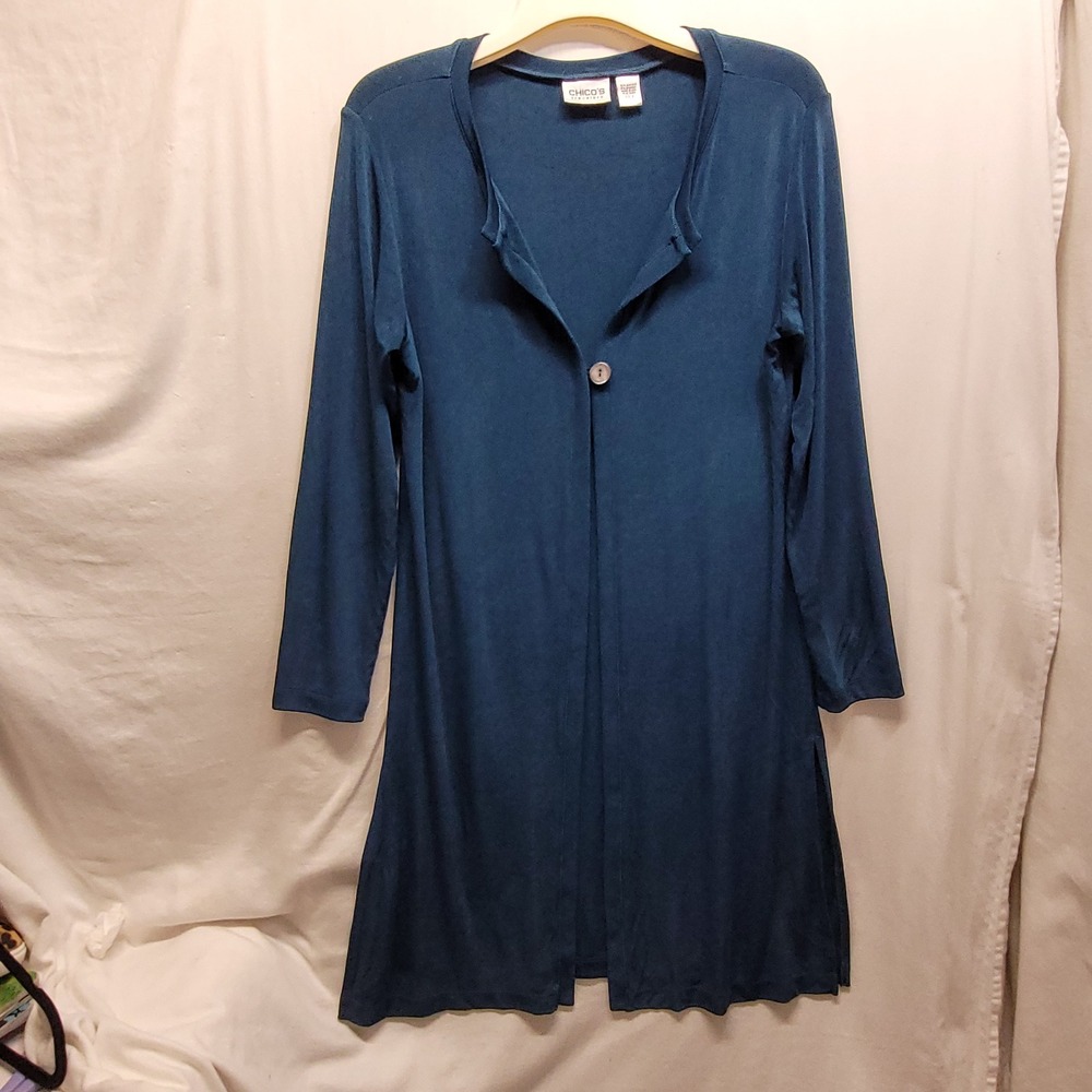 Chicos Travelers Teal Blue Longline Cardigan Single Button Duster Sz 2 LG Womens
